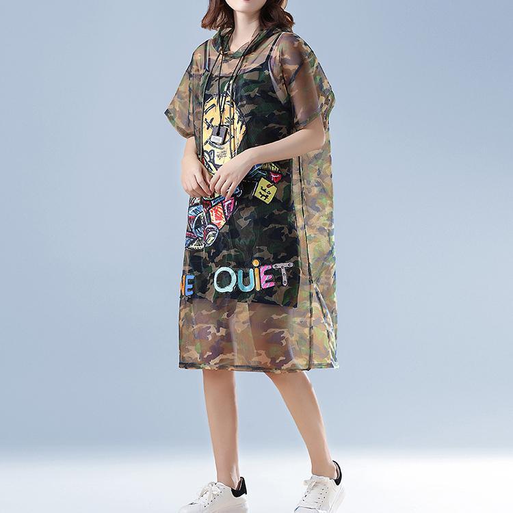 2018 summer prints casual cotton dresses plus size patchwork sundrss hooded two pieces shift dress - Omychic
