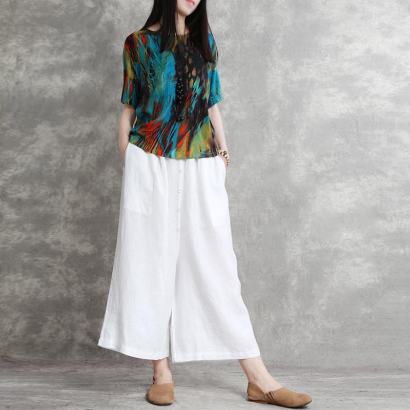 2018 summer white oversize linen pants casual slim elastic waist wide leg pants - Omychic