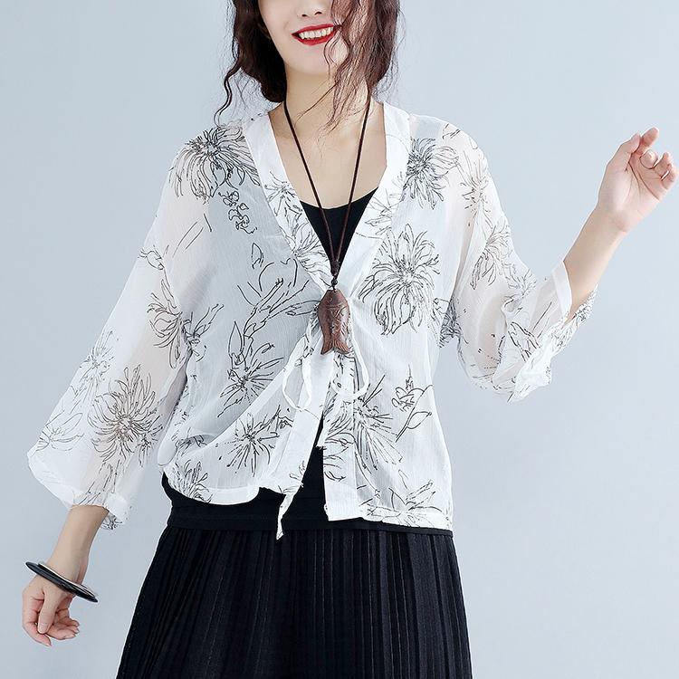 2018 summer white print silk tops plus size tie bust long sleeve coats - Omychic
