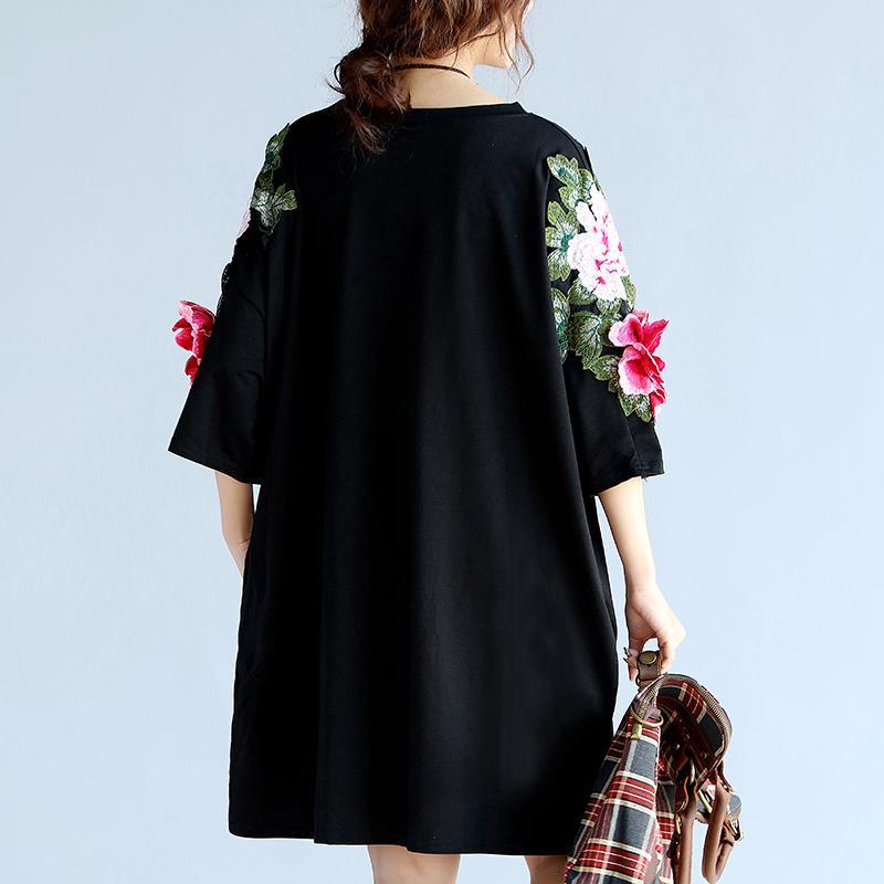2018 unique stylish black embroidery cotton pullover plus size appliques short sleeve mid tops - Omychic