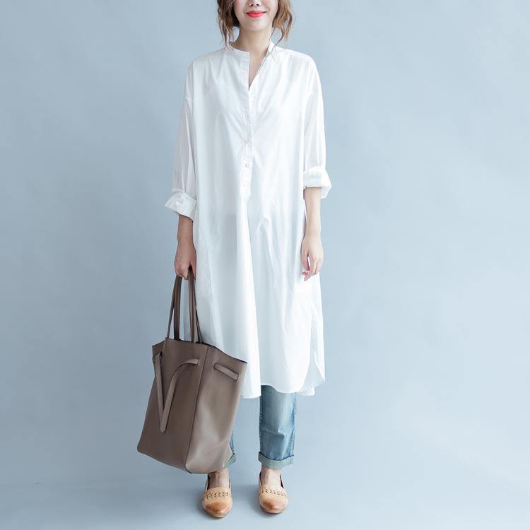 2021 White Cotton Maxi Dress Loose Fitting Stand Collar Cotton Dress Top Quality Side Open Caftans ( Limited Stock) - Omychic