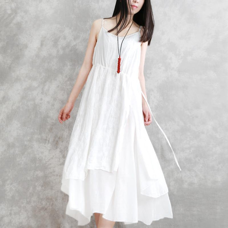 2018 white embroidery cotton dresses oversized sleeveless cotton gown Fine asymmetric hem gown - Omychic