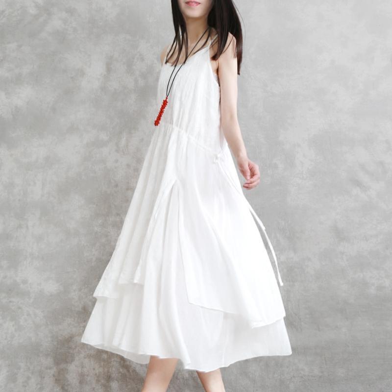 2018 white embroidery cotton dresses oversized sleeveless cotton gown Fine asymmetric hem gown - Omychic