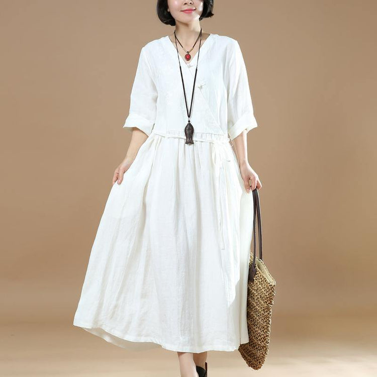 2018 white long linen dress trendy plus size embroideried fabric linen maxi dress casual Chinese Button maxi dresses - Omychic