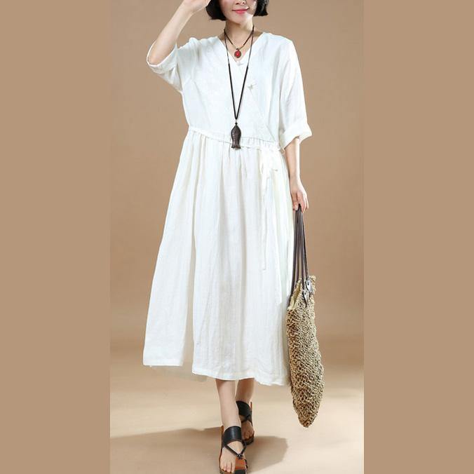 2018 white long linen dress trendy plus size embroideried fabric linen maxi dress casual Chinese Button maxi dresses - Omychic