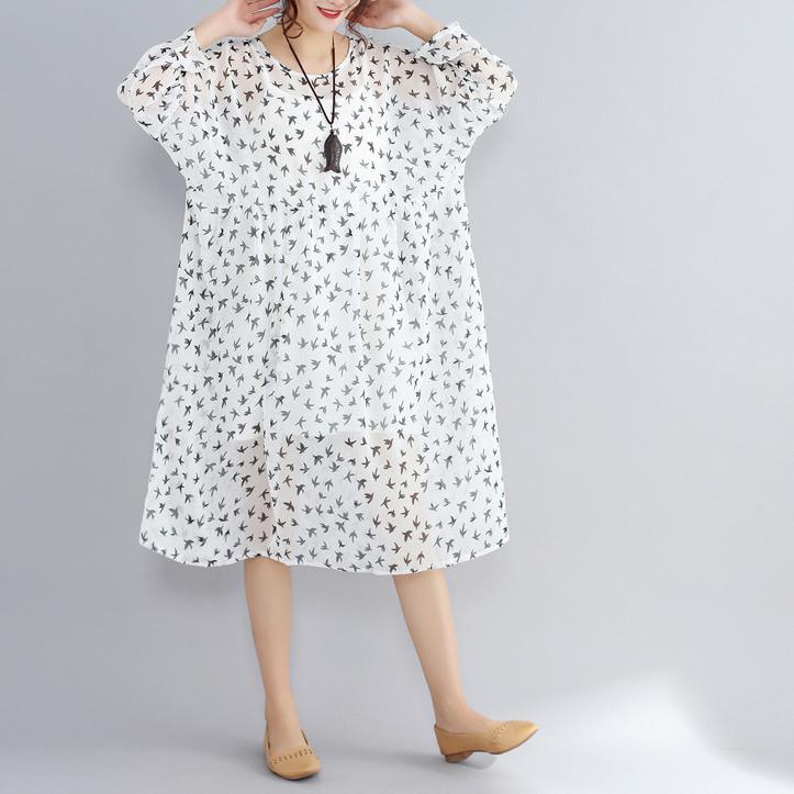 2018 white prints natural chiffon dress  oversized traveling dress women long sleeve two pieces chiffon dress - Omychic