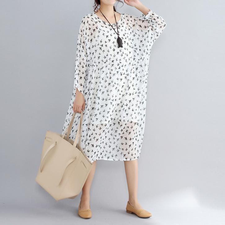 2018 white prints natural chiffon dress  oversized traveling dress women long sleeve two pieces chiffon dress - Omychic