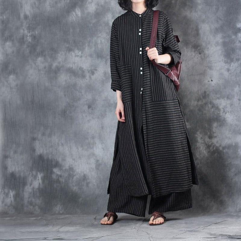 2021 Women Black Stand Collar Linen Long Shirt And Casual Wide Leg Pants - Omychic