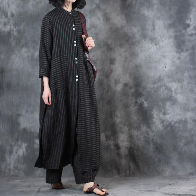 2021 Women Black Stand Collar Linen Long Shirt And Casual Wide Leg Pants - Omychic