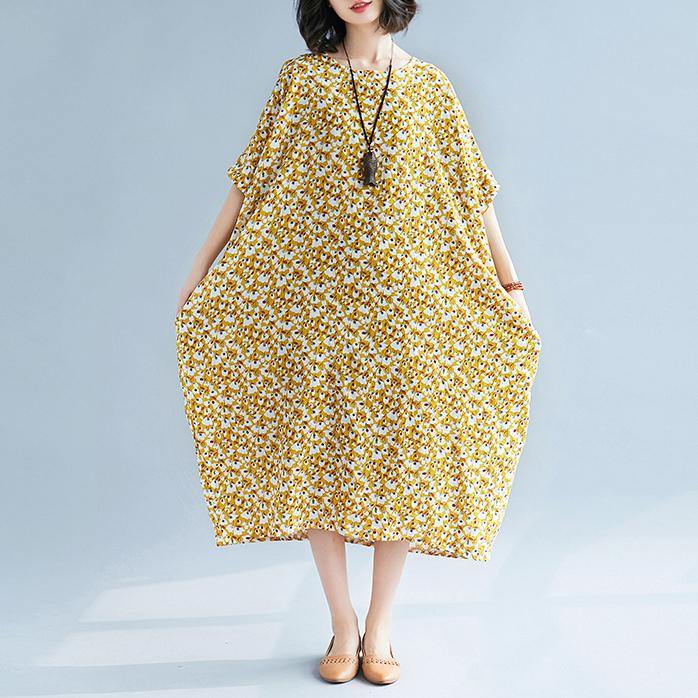 2018 yellow floral long linen dress plus size o neck gown New short sleeve gown - Omychic