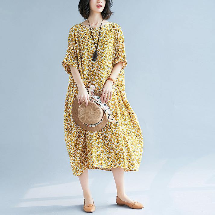 2018 yellow floral long linen dress plus size o neck gown New short sleeve gown - Omychic