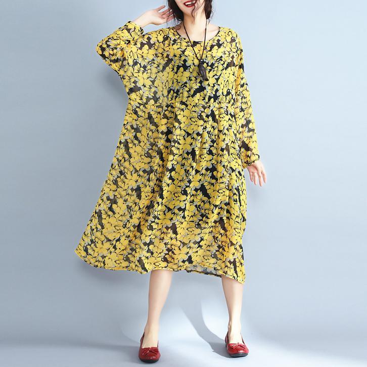 2018 yellow floral natural chiffon dress  Loose fitting o neck traveling dress Elegant patchwork gown - Omychic
