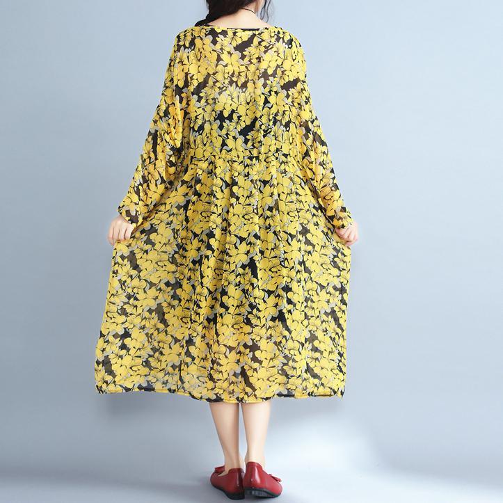 2018 yellow floral natural chiffon dress  Loose fitting o neck traveling dress Elegant patchwork gown - Omychic