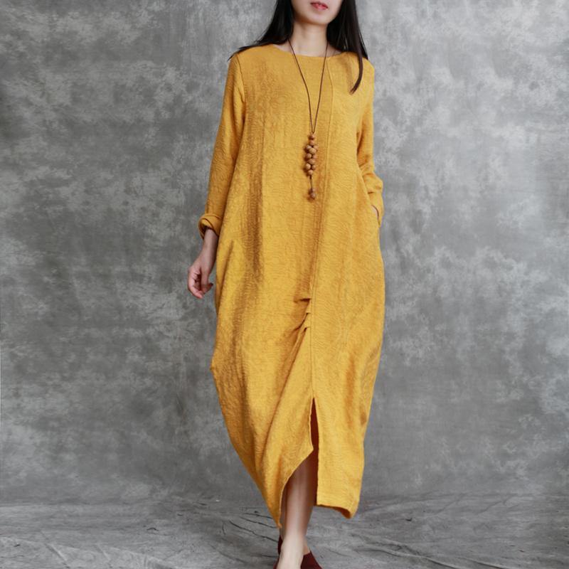 2021 Yellow Jacquard Long Linen Dresses Oversized Asymmetric Long Cotton Dresses Top Quality Front Side Open Traveling Clothing - Omychic