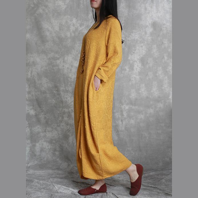 2021 Yellow Jacquard Long Linen Dresses Oversized Asymmetric Long Cotton Dresses Top Quality Front Side Open Traveling Clothing - Omychic