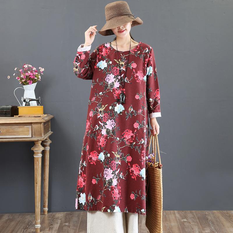 2018red prints long cotton dress plus size o neck gown top quality loose waist kaftans - Omychic