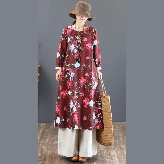 2018red prints long cotton dress plus size o neck gown top quality loose waist kaftans - Omychic