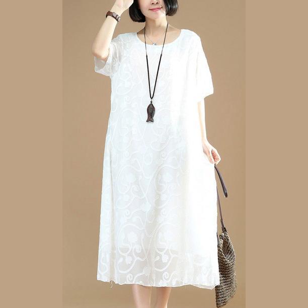 2018white Midi cotton dresses Loose fitting cotton cotton dress casual jacquard o neck cotton dress - Omychic