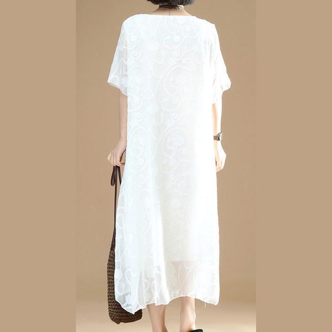 2018white Midi cotton dresses Loose fitting cotton cotton dress casual jacquard o neck cotton dress - Omychic