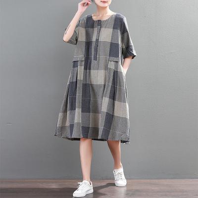 2019 Summer Cotton Natural gray Linen Loose Plaid Dress - Omychic