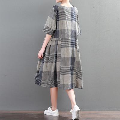 2019 Summer Cotton Natural gray Linen Loose Plaid Dress - Omychic