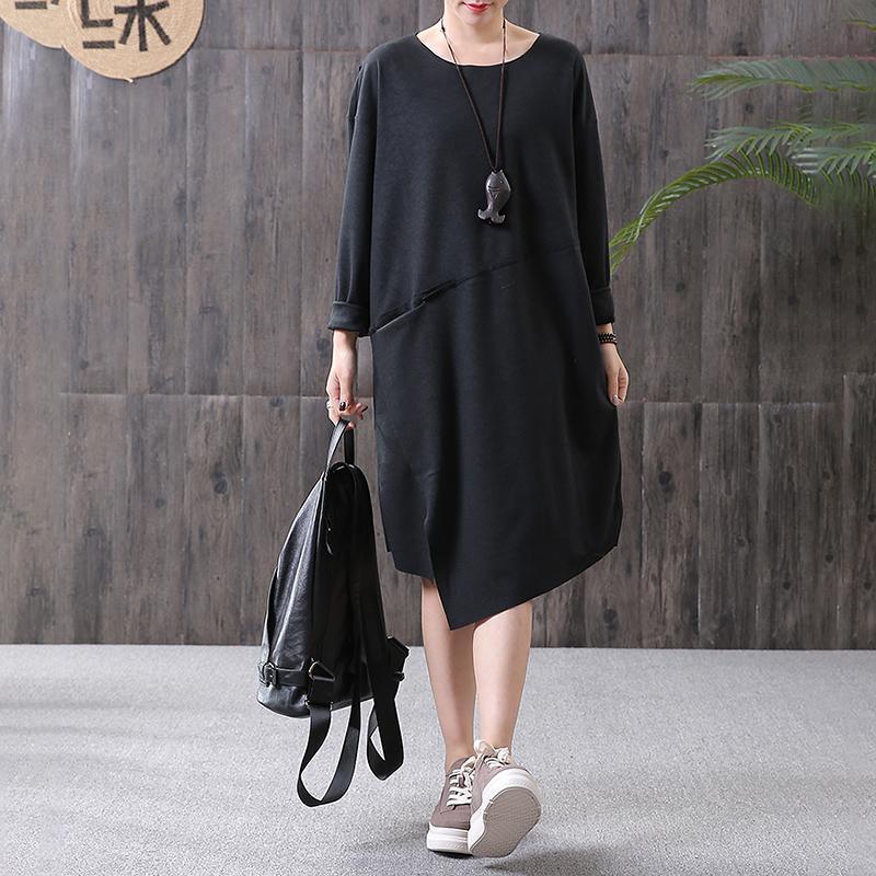 2019 black casaul cotton spring dress plus size long sleeve dresses - Omychic