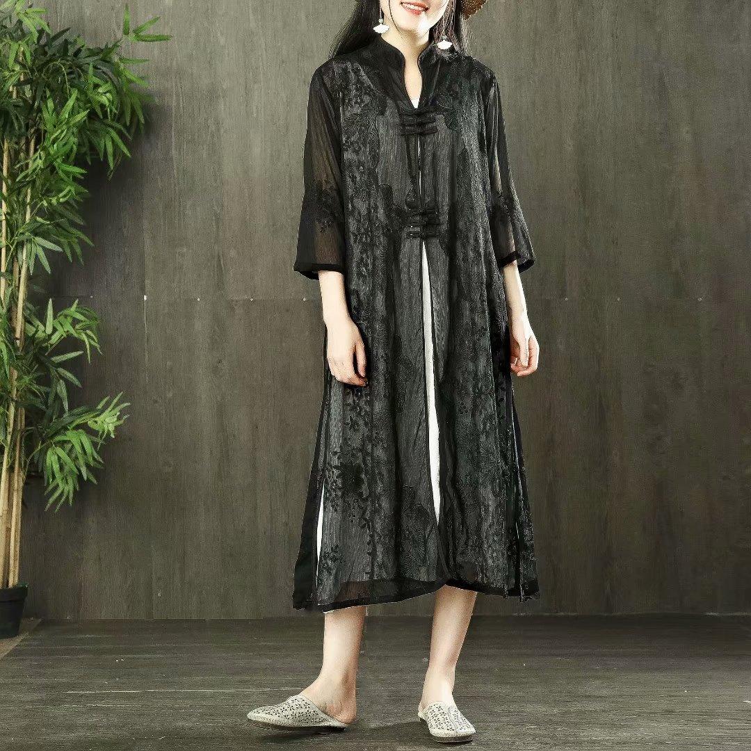 2019 black casual linen women's retro buckle in the long cardigan - Omychic