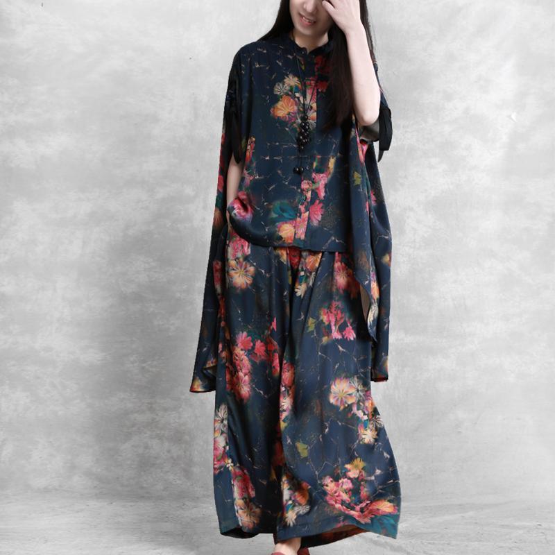 2019 black floral silk blended two pieces low high design stand collar tops and women elastic waist casual pants - Omychic