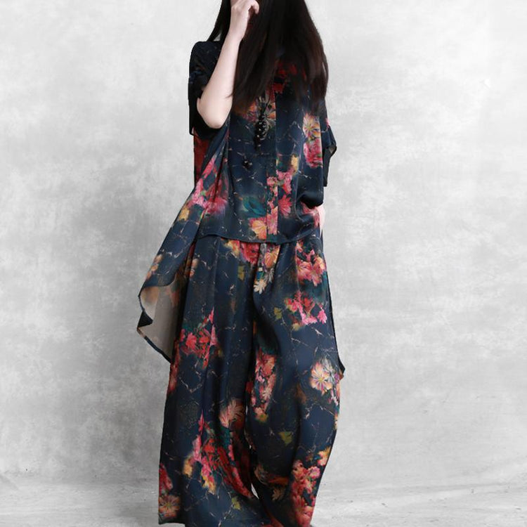 2019 black floral silk blended two pieces low high design stand collar tops and women elastic waist casual pants - Omychic