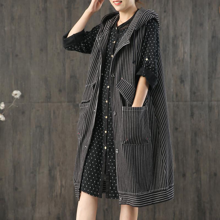 2019 black striped hooded Coat Women plus size Jackets & Coats fall women coats sleeveless - Omychic