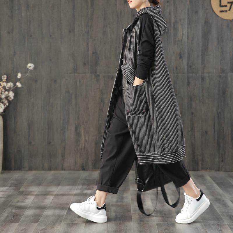 2019 black striped hooded Coat Women plus size Jackets & Coats fall women coats sleeveless - Omychic