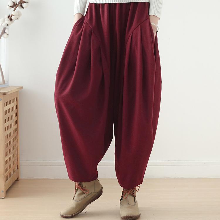 2019 burgundy cotton burgundy wide leg pants loose women casual harem pants - Omychic