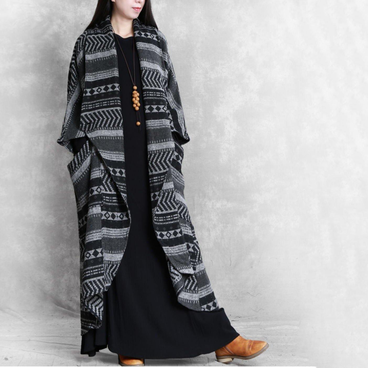 2021 Plus Size Clothing Medium-length Jackets Fall Coat Dark Gray Striped Asymmetric Woolen Coat Women - Omychic