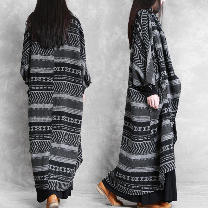 2021 Plus Size Clothing Medium-length Jackets Fall Coat Dark Gray Striped Asymmetric Woolen Coat Women - Omychic