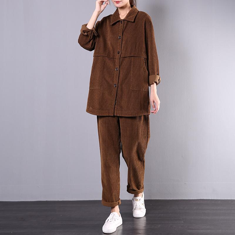 2019 fall brown loose corduroy two pieces lapel collar shirt and elastic waist trousers - Omychic