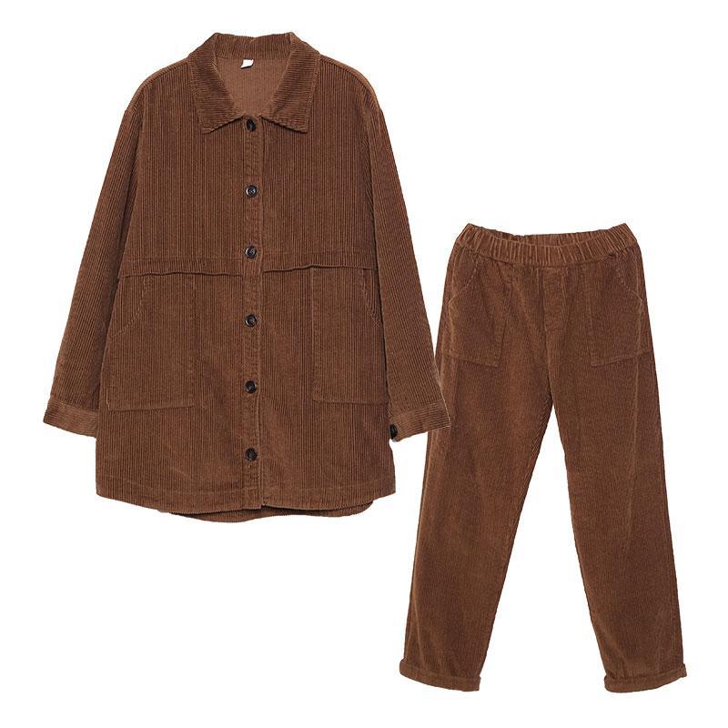 2019 fall brown loose corduroy two pieces lapel collar shirt and elastic waist trousers - Omychic