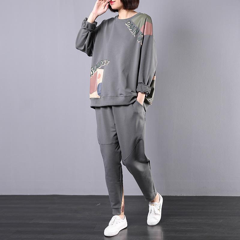 2019 fall cotton loose two pieces gray prints o neck tops with harem pants - Omychic