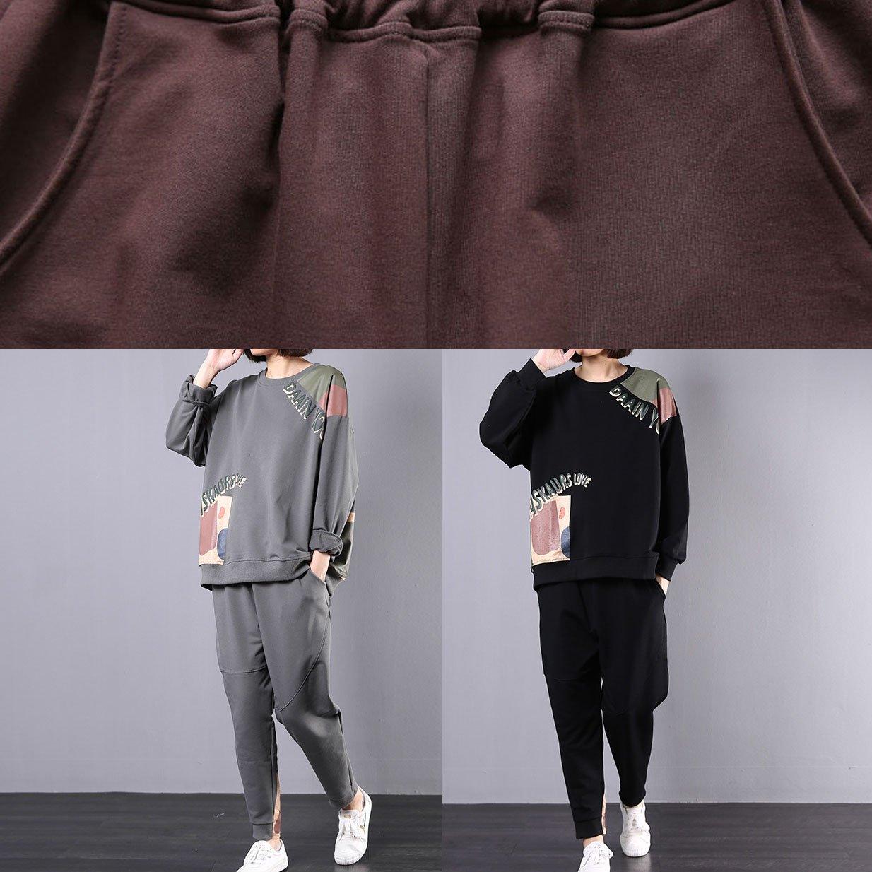 2019 fall cotton loose two pieces gray prints o neck tops with harem pants - Omychic