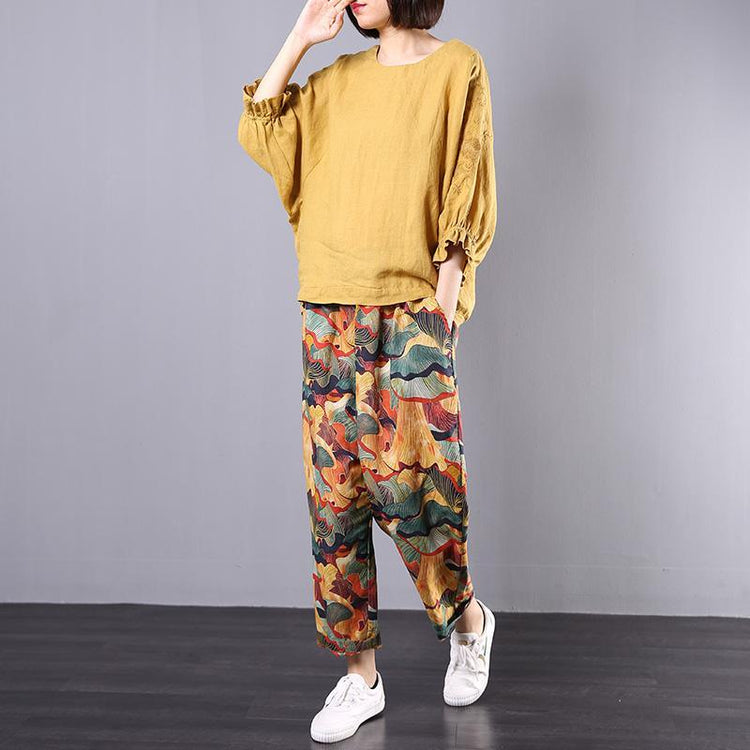 2019 fall linen yellow ruffles long sleeve tops and prints harem pants two pieces - Omychic
