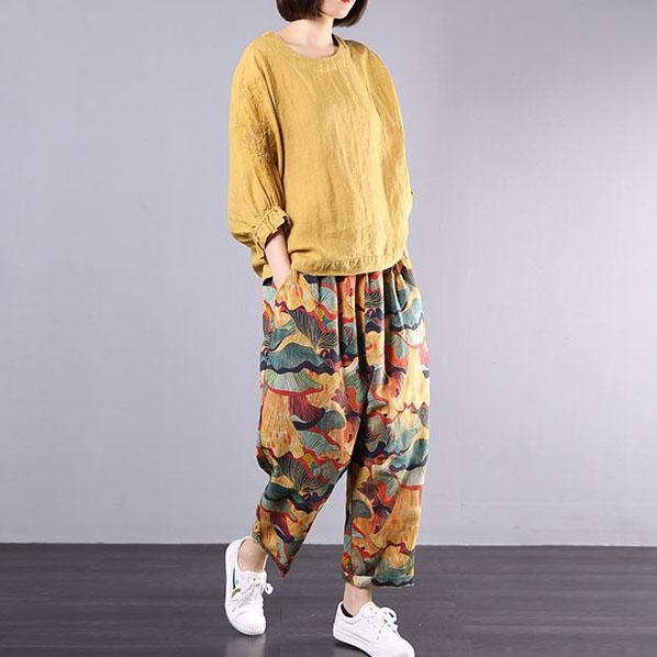 2019 fall linen yellow ruffles long sleeve tops and prints harem pants two pieces - Omychic