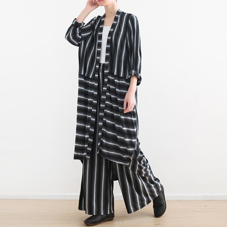 2021 gray striped cotton wrinkled shirt dress and elastic waist pants two pieces - Omychic