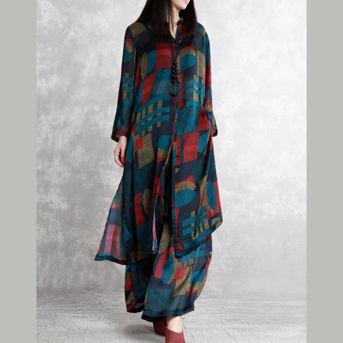 2019 green prints silk two pieces long silm shirts and wide leg pants - Omychic