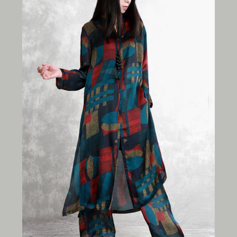 2019 green prints silk two pieces long silm shirts and wide leg pants - Omychic