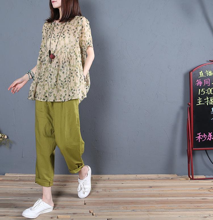 2019 green women linen straight pants elastic waist trousers - Omychic