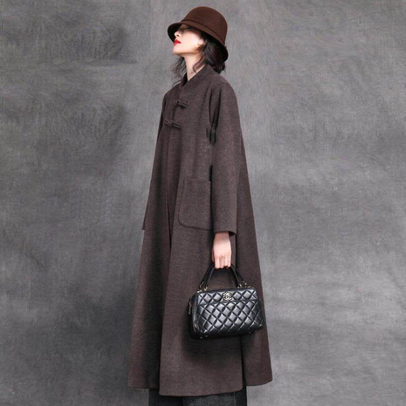 2019 khaki Woolen Coat plus size Chinese Button medium length stand collar women coats - Omychic