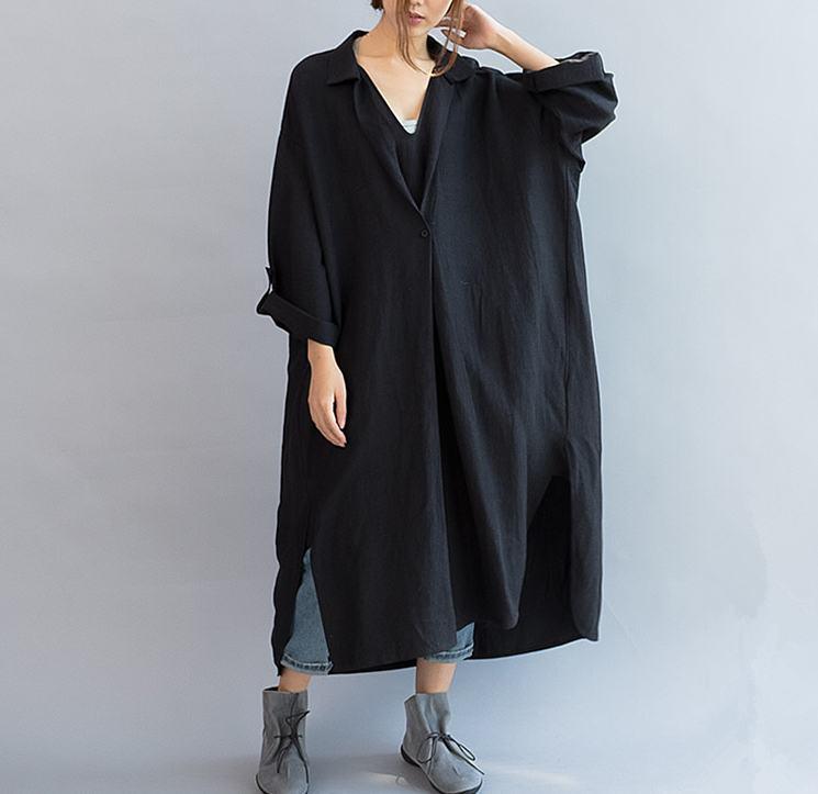 2019 new black linen casaul dress plus size women summer dress - Omychic
