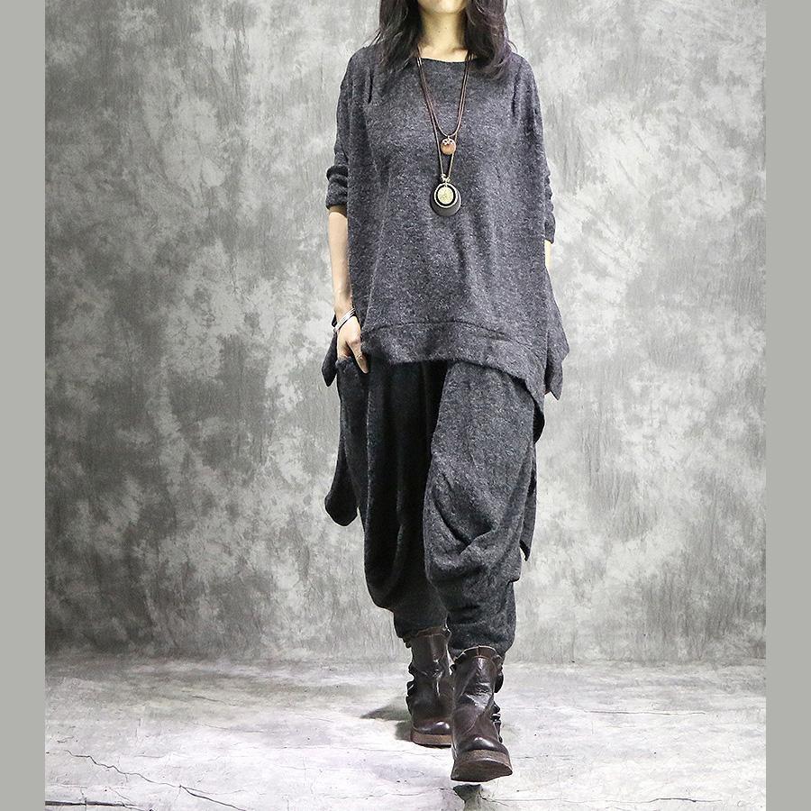 2019 new casual gray the tabbit wool pullover sweater and women elastic waist wide leg pants - Omychic