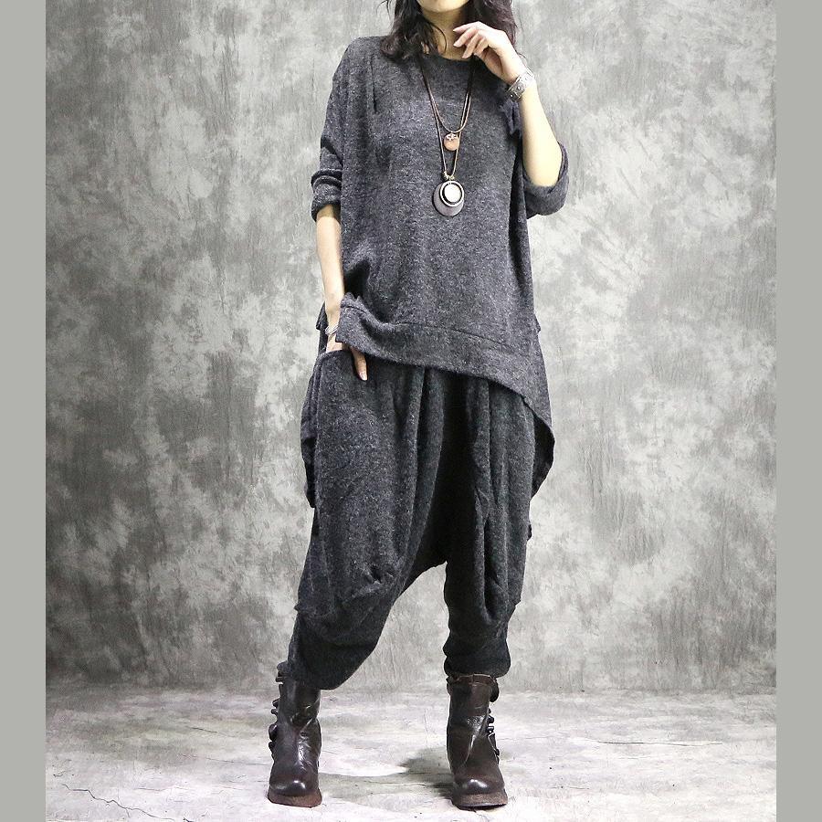 2019 new casual gray the tabbit wool pullover sweater and women elastic waist wide leg pants - Omychic
