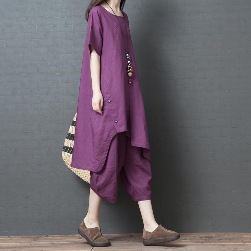 2019 purple casual cotton asymmetric hem tops and women pants two pieces - Omychic