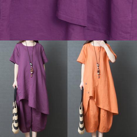 2019 purple casual cotton asymmetric hem tops and women pants two pieces - Omychic